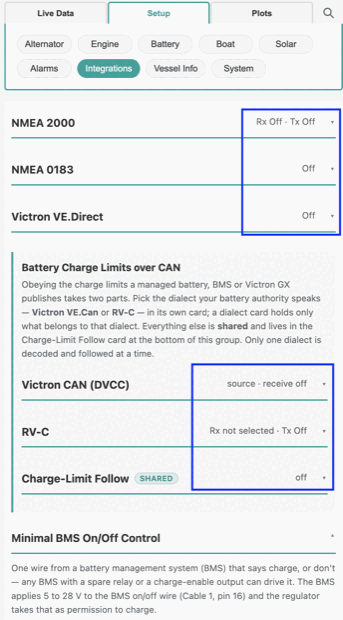 Setup, Integrations tab: NMEA 2000, NMEA 0183, Victron VE.Direct, Victron CAN, RV-C and Charge-Limit Follow all set to off
