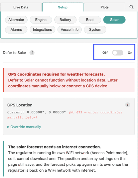 Setup, Solar tab: Defer to Solar switched off