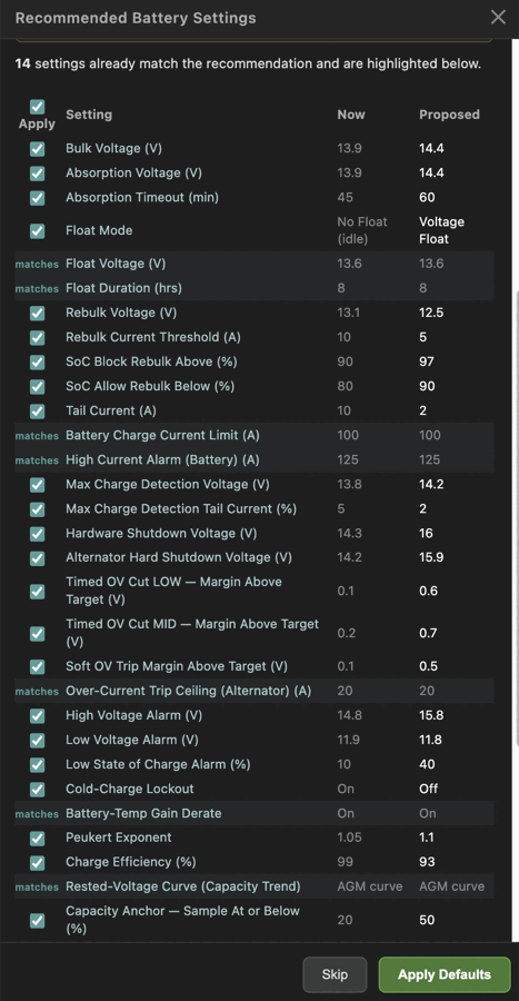 The commissioning wizard's Recommended Battery Settings dialog: a checklist of about thirty settings with the present value beside the proposed one, rows that already agree marked as matching, and Skip and Apply Defaults buttons at the bottom