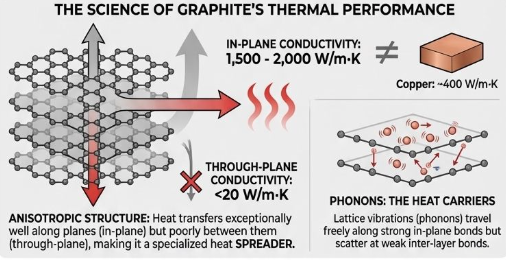 Infographic of graphite's layered structure: in-plane conductivity 1,500 to 2,000 W/mK against about 400 for copper, through-plane under 20 W/mK