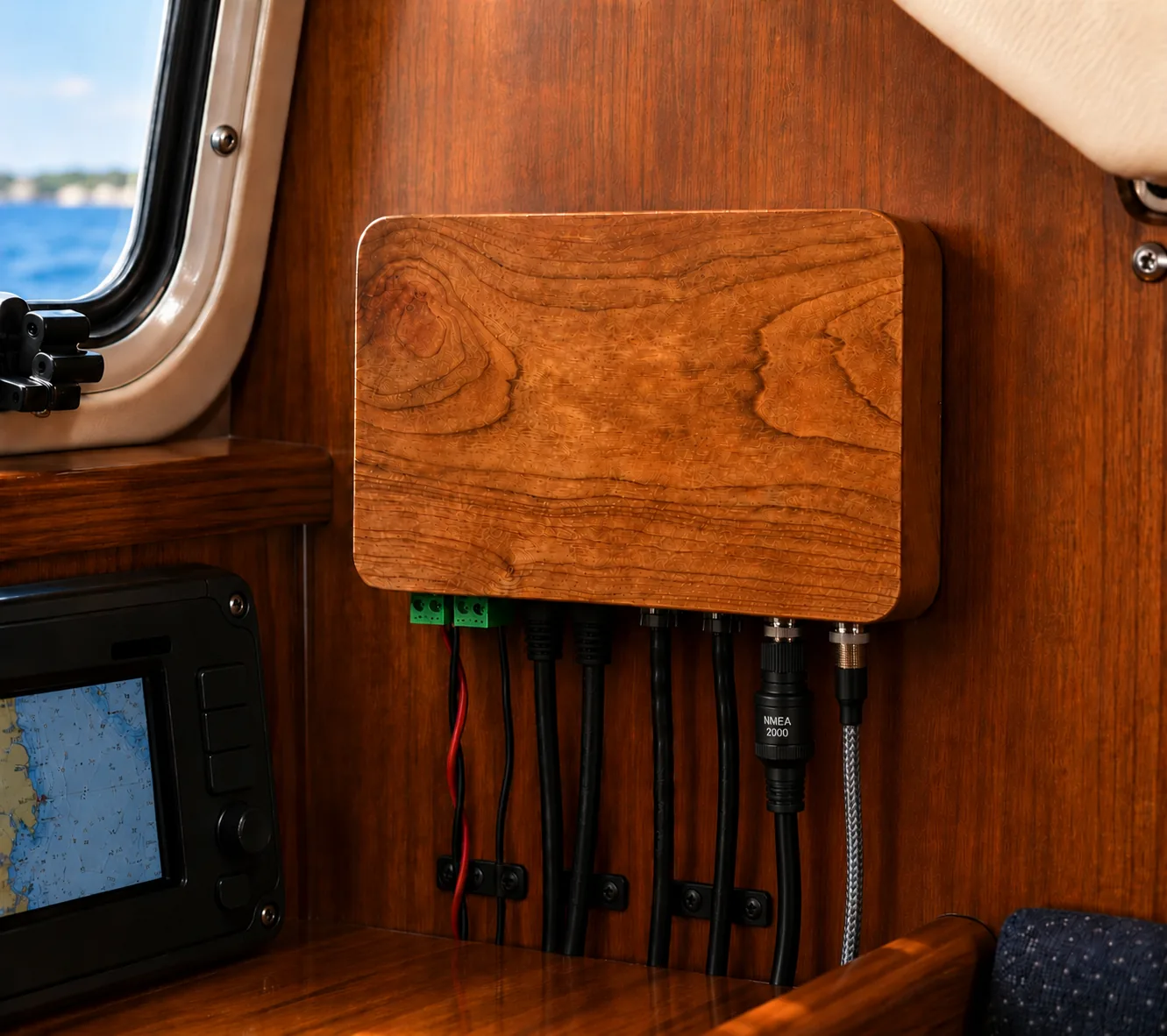 Xregulator marine alternator regulator — cherry hardwood enclosure installed in a boat cabin beside a chartplotter