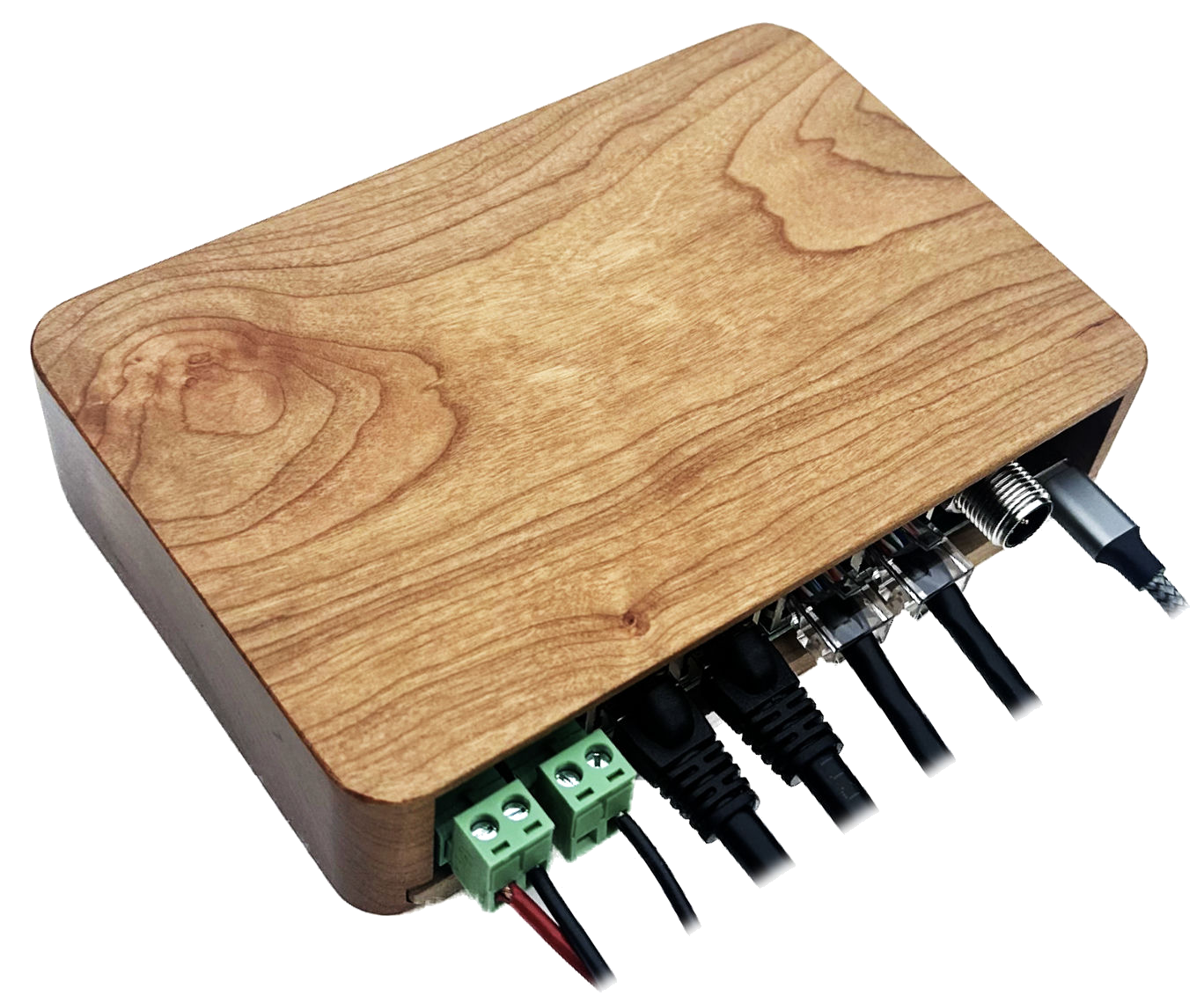 X Engineering alternator regulator — cherry hardwood enclosure with cables connected