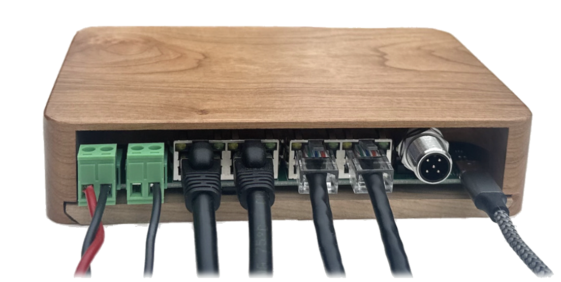 Connector panel — terminal blocks, RJ45 jacks, M12 NMEA 2000, USB-C